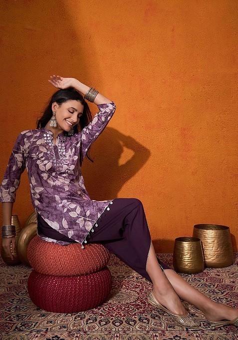 Lavender Printed Tunic With Trouser Coords