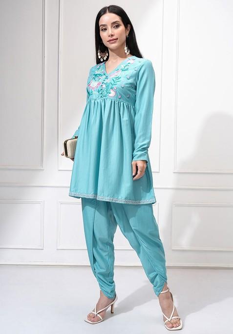 Blue Women Embroidered Tunic And Dhoti Pants