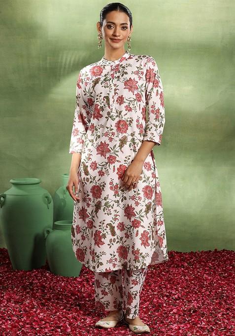 White White Floral Printed Mandarin Collar Tunic And Trousers