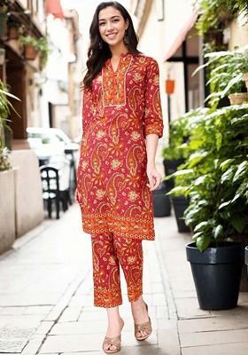 Pink Printed Mandarin Collar Pure Cotton Tunic And Trouser