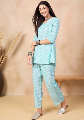 Blue Printed Vneck Tunic With Palazzo