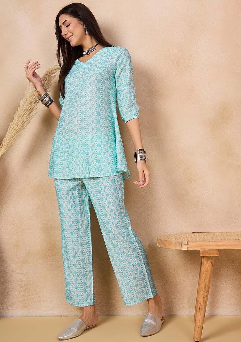 Blue Printed Vneck Tunic With Palazzo - Indya