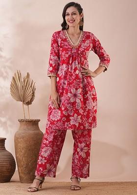 Red Floral Foil Printed Cotton Aline Tunic And Trousers