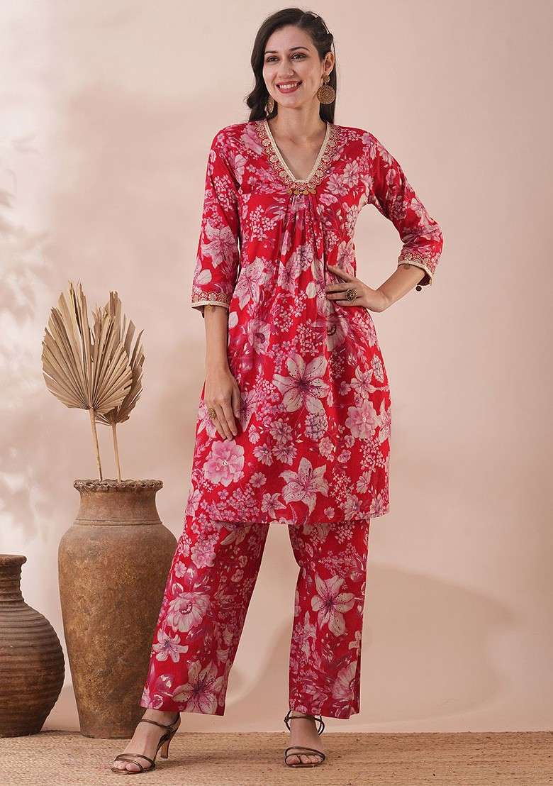 Red Floral Foil Printed Cotton Aline Tunic And Trousers - Indya
