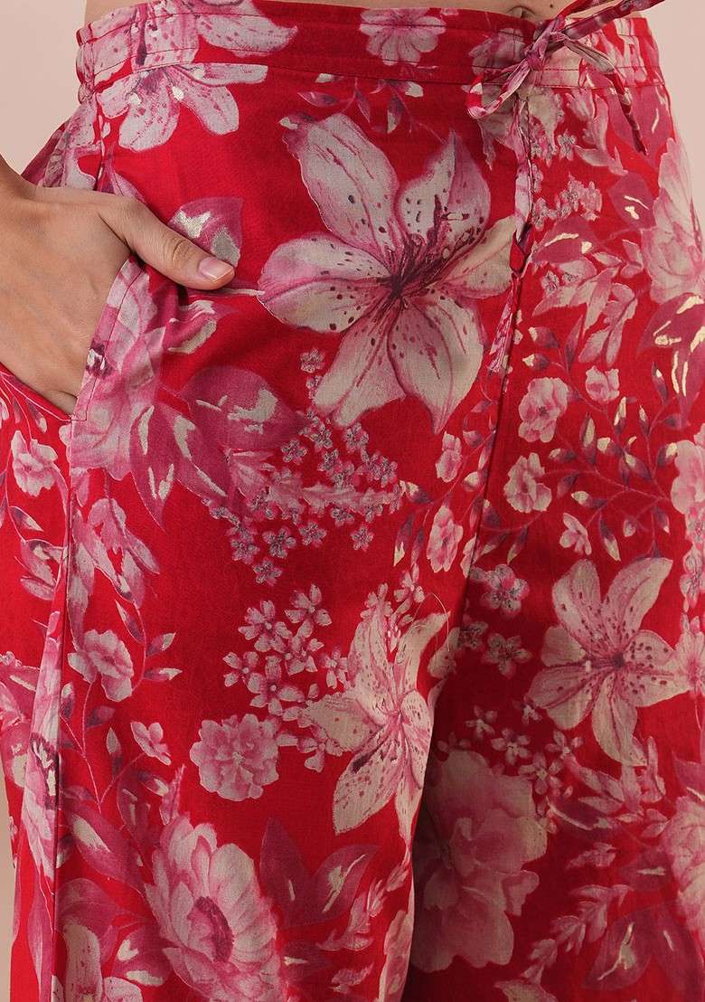 Red Floral Foil Printed Cotton Aline Tunic And Trousers - Indya