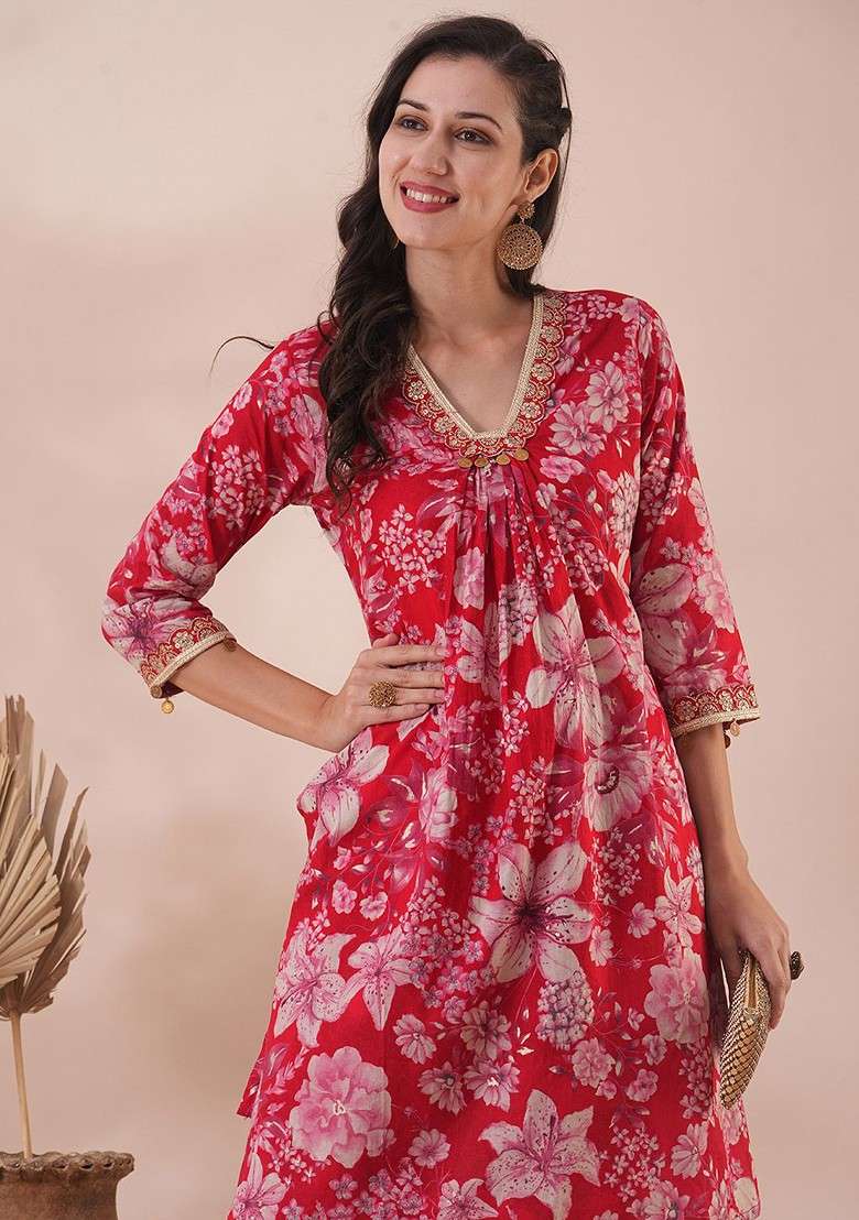 Red Floral Foil Printed Cotton Aline Tunic And Trousers - Indya