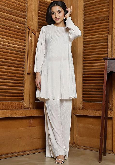 White Round Neck Tunic With Palazzos — view on Indya