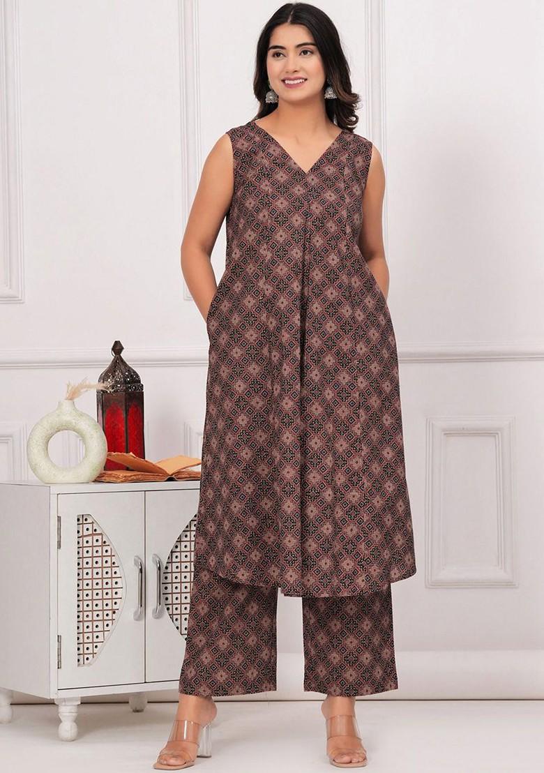 Maroon Ethnic Motifs Printed Vneck Pure Cotton Tunic And Palazzo