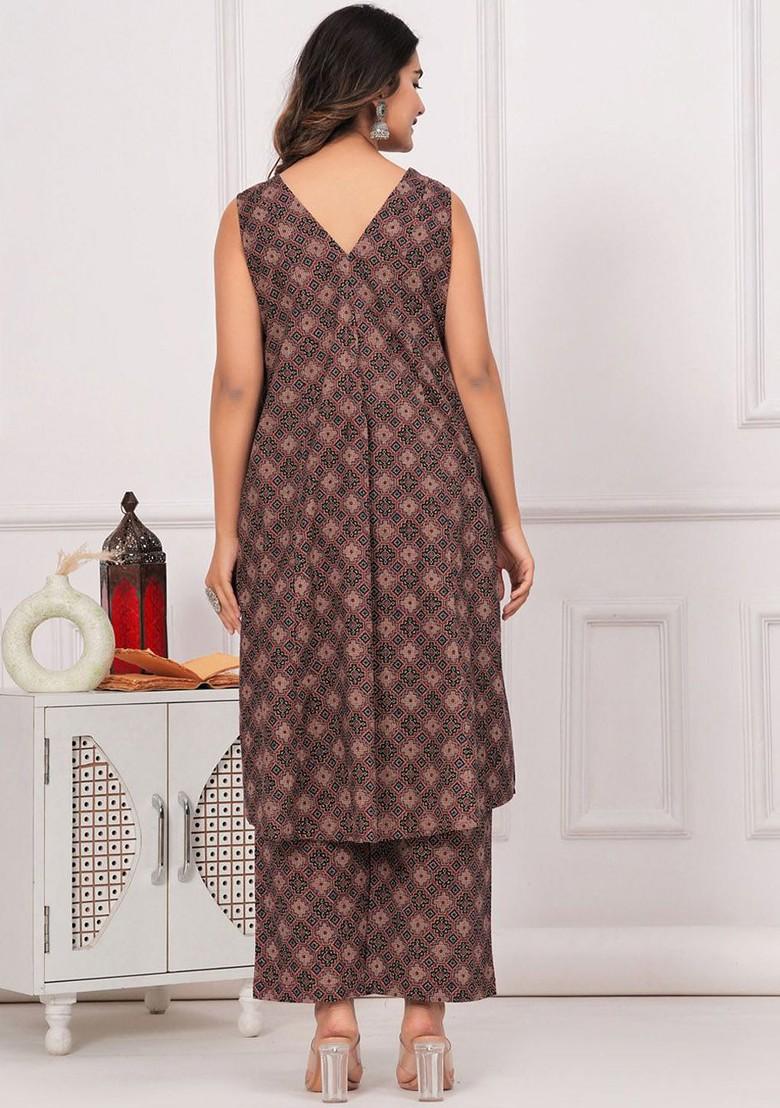 Maroon Ethnic Motifs Printed Vneck Pure Cotton Tunic And Palazzo