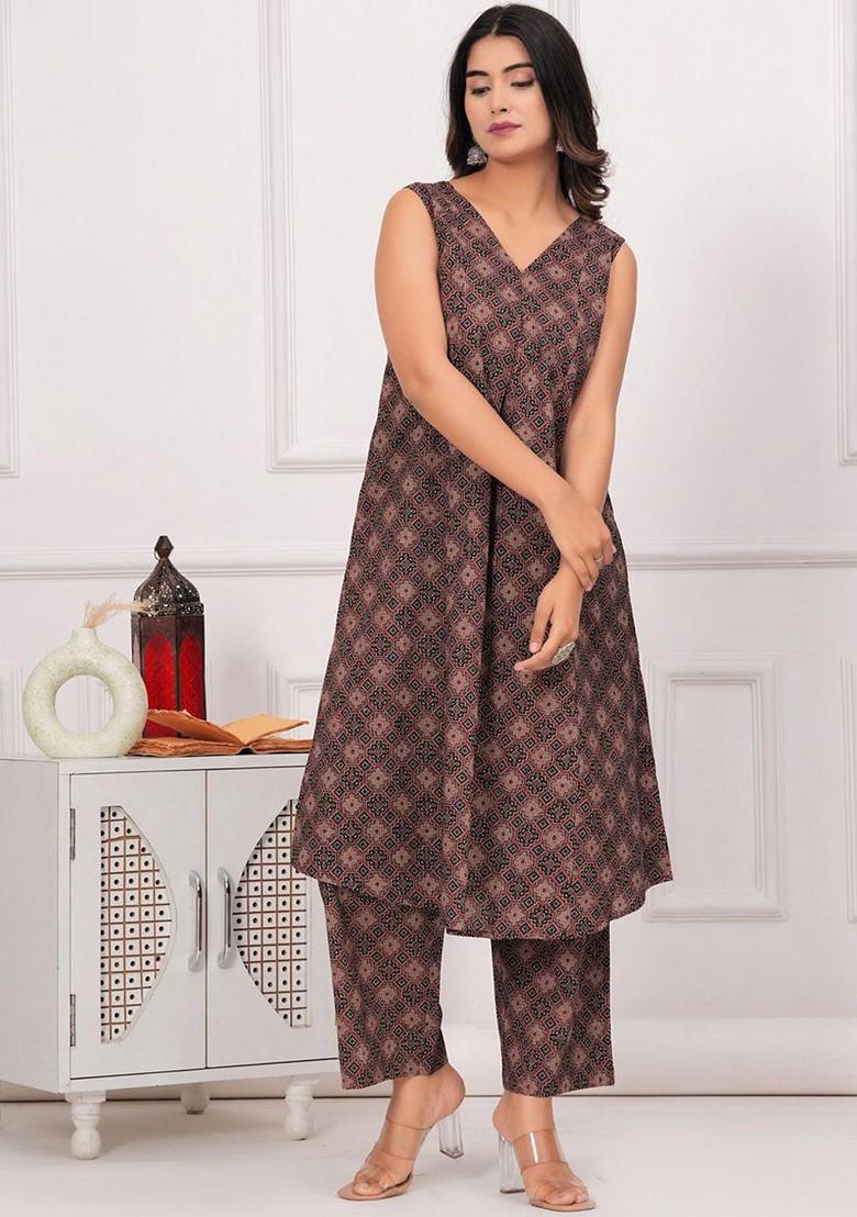 Maroon Ethnic Motifs Printed Vneck Pure Cotton Tunic And Palazzo