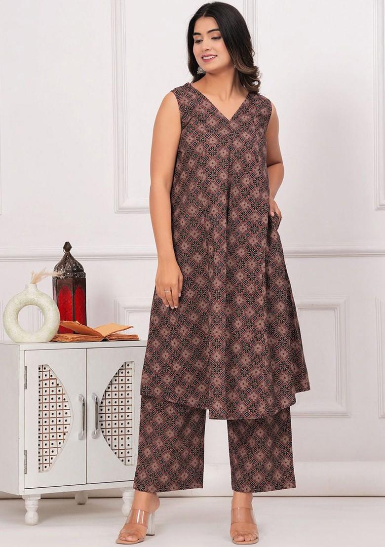 Maroon Ethnic Motifs Printed Vneck Pure Cotton Tunic And Palazzo