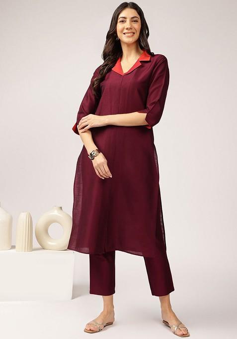 Burgundy Panelled Ethnic Shirt Collar Threequarter Sleeve Kurta With Trousers Coord Set