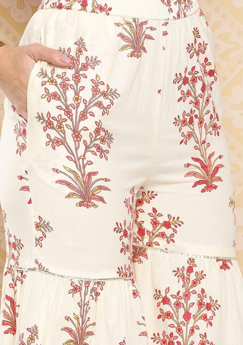 Cream Women Printed Pure Cotton Ethnic Coords