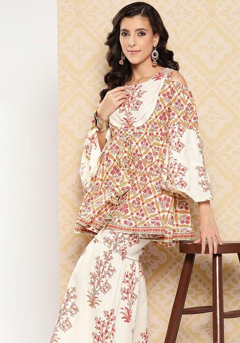 Cream Women Printed Pure Cotton Ethnic Coords