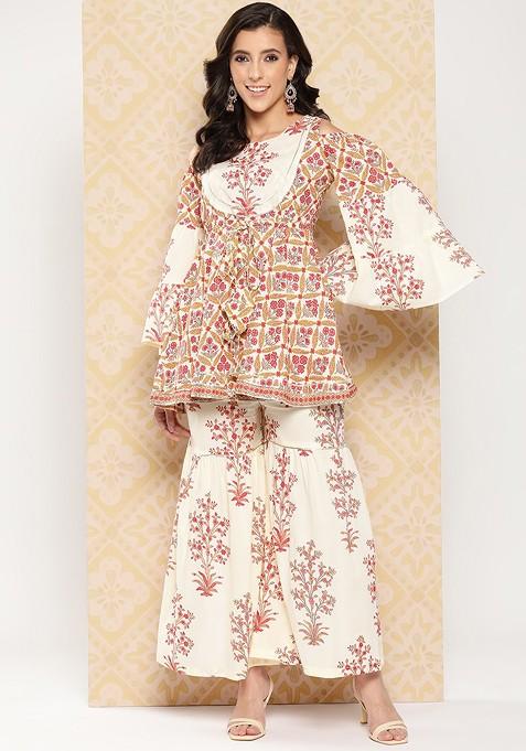 Cream Women Printed Pure Cotton Ethnic Coords