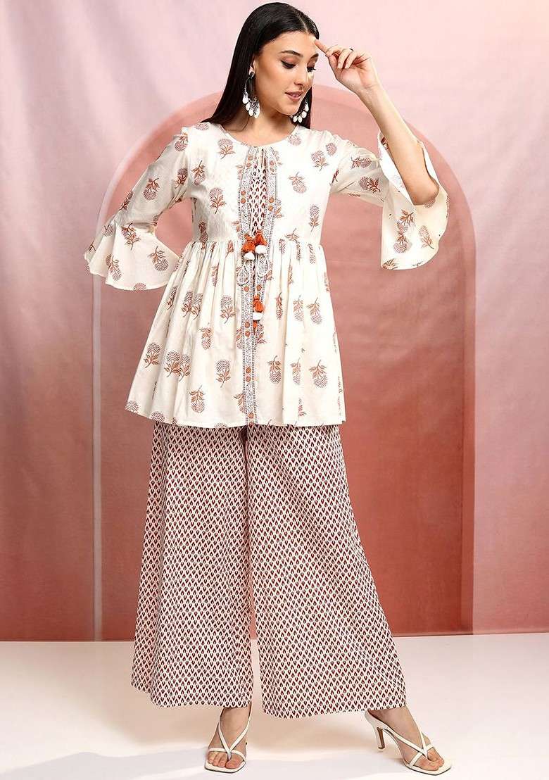 Cream Creamcoloured Floral Printed Tieup Neck Pure Cotton Tunic With Palazzos And Jacket - Indya