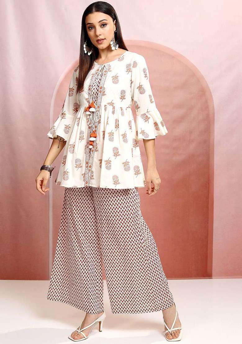 Cream Creamcoloured Floral Printed Tieup Neck Pure Cotton Tunic With Palazzos And Jacket - Indya