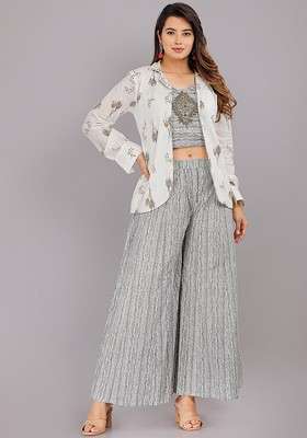 Grey Printed Pure Cotton Crop Top With Palazzo And Jacket