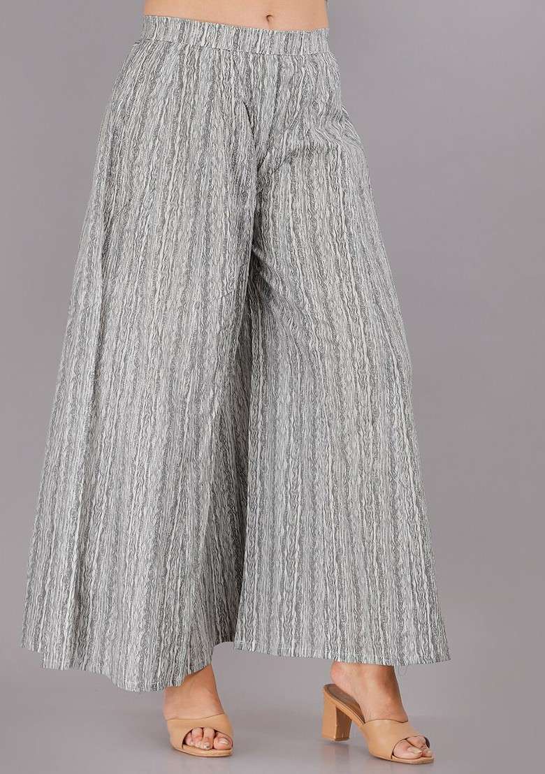 Grey Printed Pure Cotton Crop Top With Palazzo And Jacket - Indya