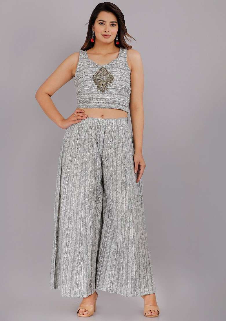 Grey Printed Pure Cotton Crop Top With Palazzo And Jacket - Indya