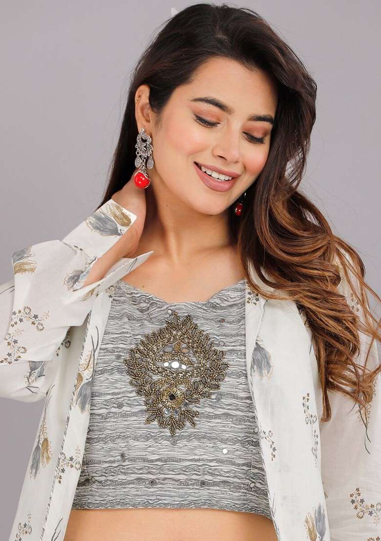 Grey Printed Pure Cotton Crop Top With Palazzo And Jacket - Indya