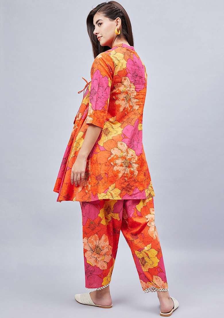 Orange Floral Printed Mandarin Collar Pure Cotton Top With Trouser And Scrunchie - Indya