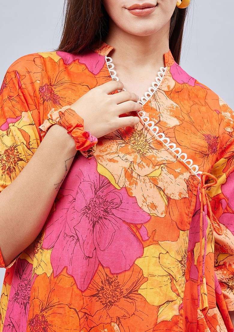 Orange Floral Printed Mandarin Collar Pure Cotton Top With Trouser And Scrunchie - Indya
