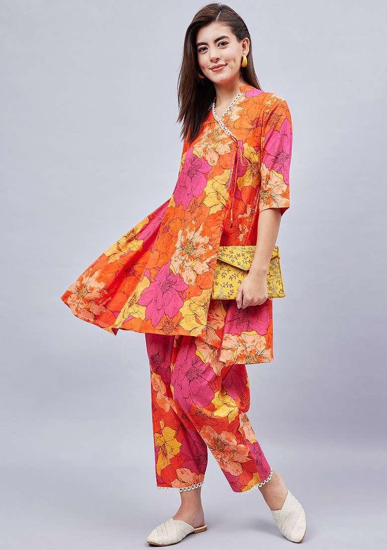 Orange Floral Printed Mandarin Collar Pure Cotton Top With Trouser And Scrunchie - Indya