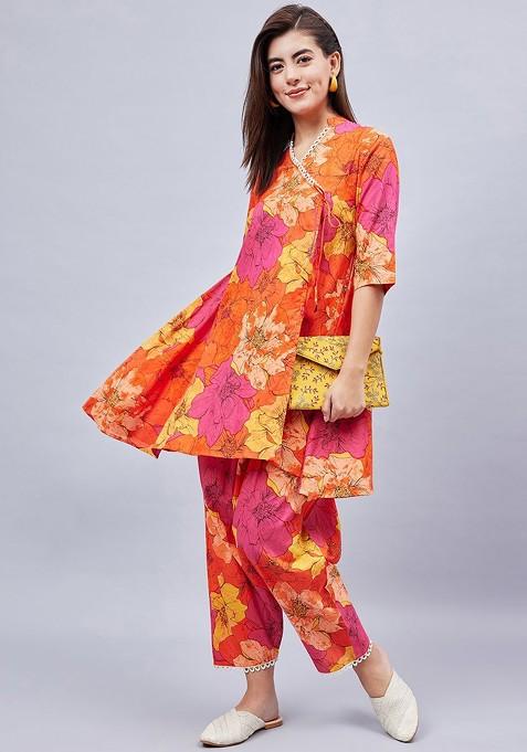 Orange Floral Printed Mandarin Collar Pure Cotton Top With Trouser And Scrunchie