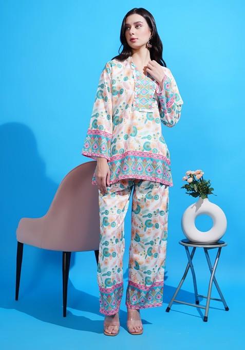 White Floral Fusion Printed Top With Trousers Coords