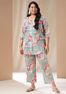 Blue Printed Pure Cotton Tunic And Trousers Coord Set