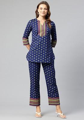 Blue Women Pure Cotton Ethnic Motifs Printed Tunic With Trouser Coords