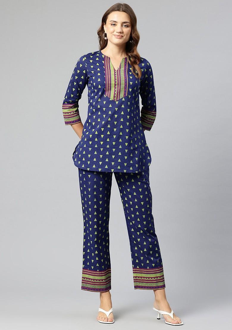 Blue Women Pure Cotton Ethnic Motifs Printed Tunic With Trouser Coords - Indya