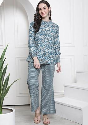 Blue Ethnic Printed Pure Cotton Tunic And Palazzo