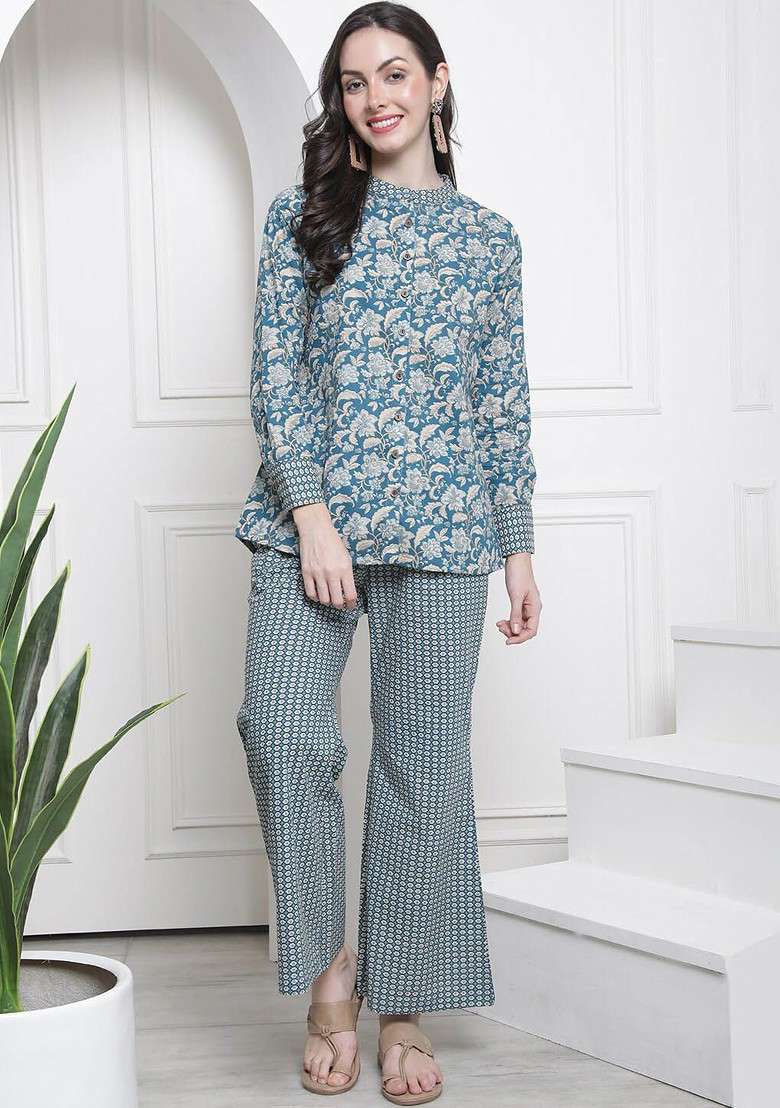 Blue Ethnic Printed Pure Cotton Tunic And Palazzo - Indya
