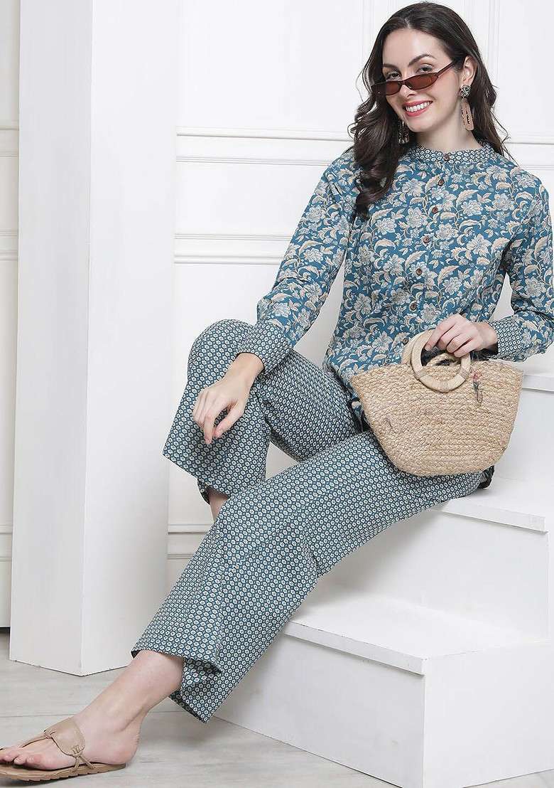 Blue Ethnic Printed Pure Cotton Tunic And Palazzo - Indya