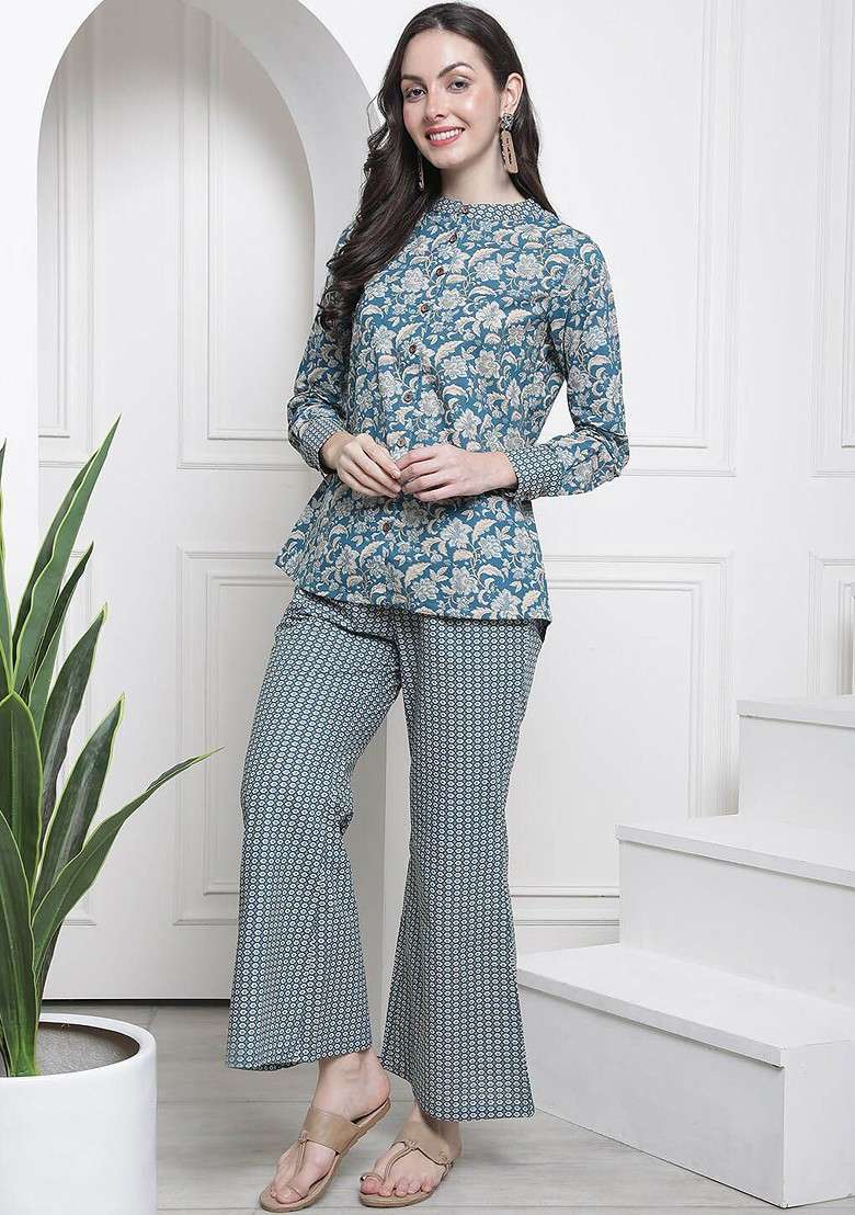 Blue Ethnic Printed Pure Cotton Tunic And Palazzo - Indya
