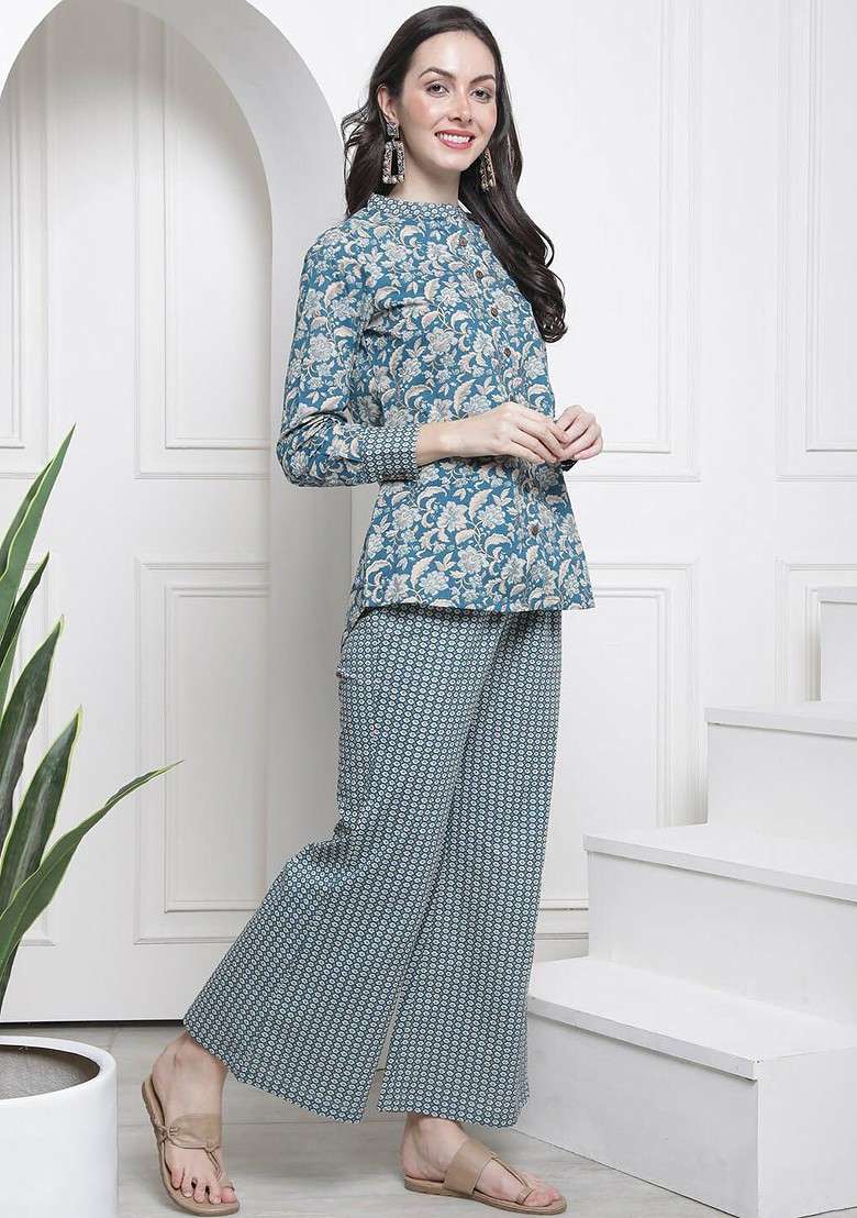 Blue Ethnic Printed Pure Cotton Tunic And Palazzo - Indya