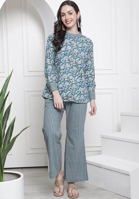 Blue Ethnic Printed Pure Cotton Tunic And Palazzo — view on Indya