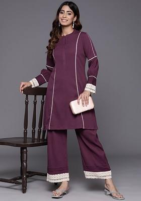 Violet Women Solid Lacedetailed Ethnic Coords Set