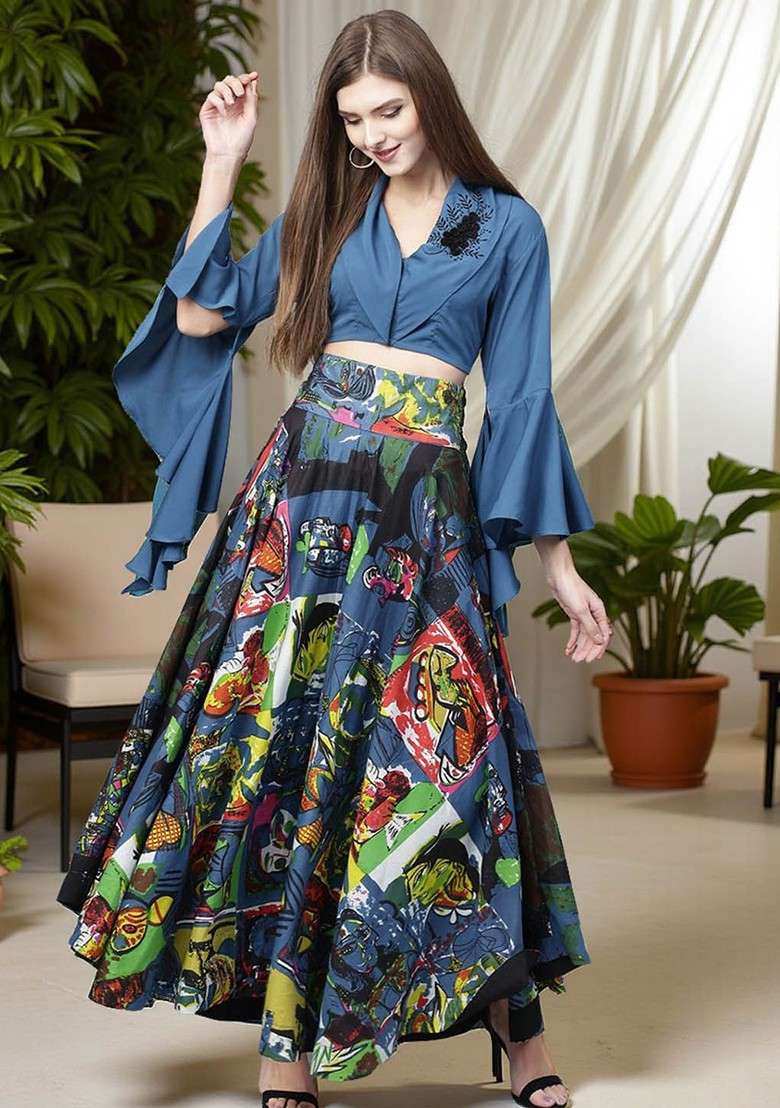 Blue Women Blue And Multicoloured Solid Top With Skirt - Indya