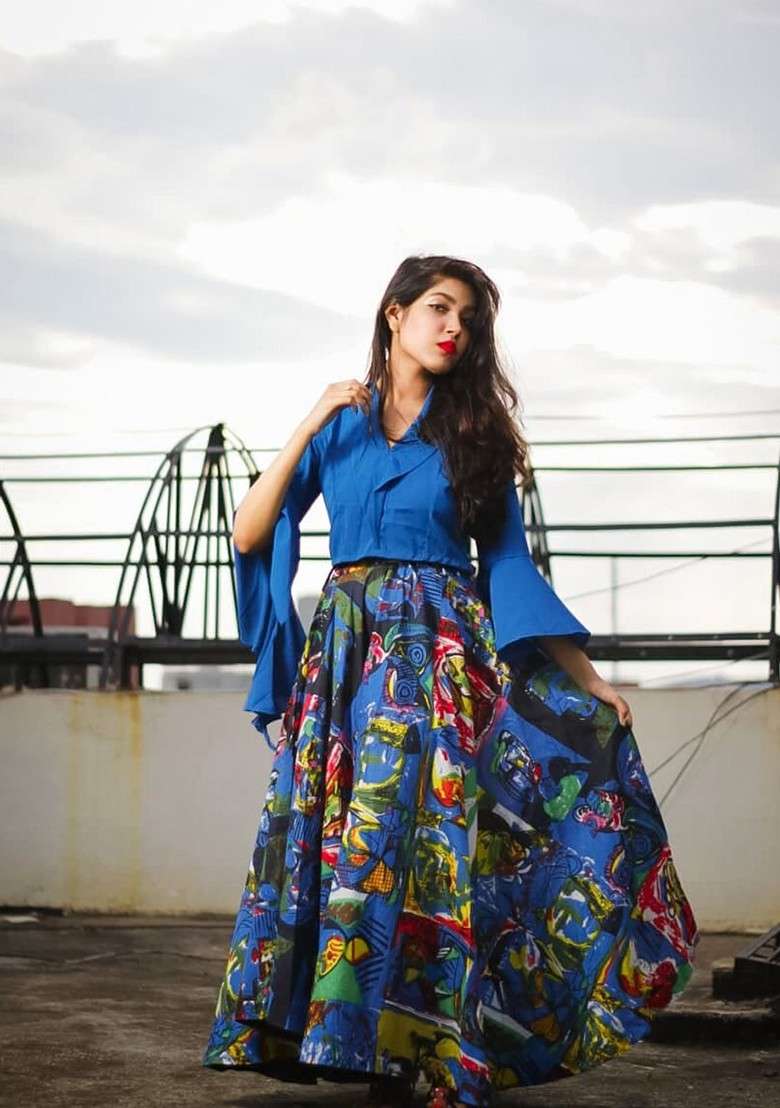 Blue Women Blue And Multicoloured Solid Top With Skirt - Indya
