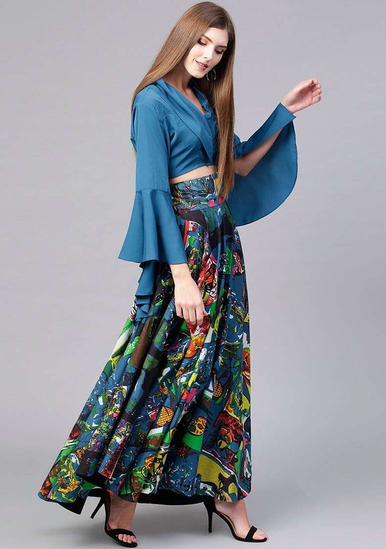 Blue Women Blue And Multicoloured Solid Top With Skirt - Indya