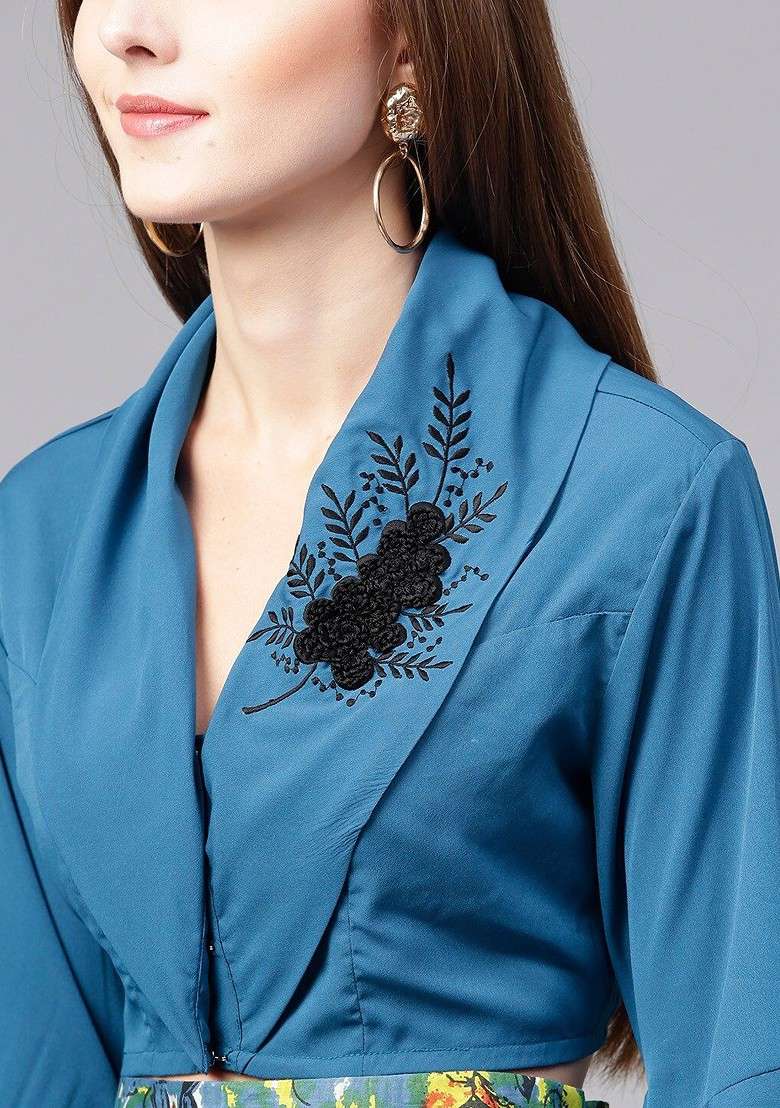 Blue Women Blue And Multicoloured Solid Top With Skirt - Indya