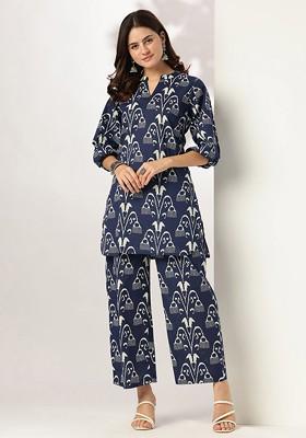 Navy Blue Printed Pure Cotton Mandarin Collar Neck Top With Trousers Coords