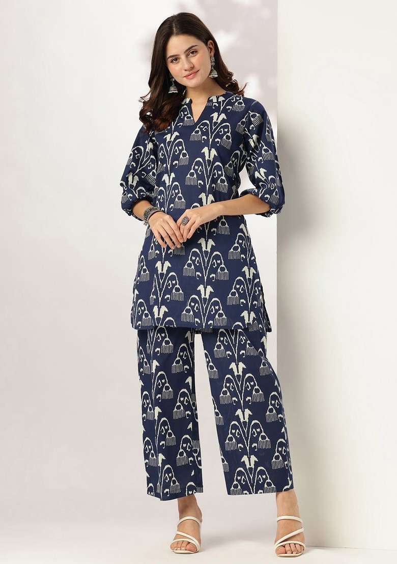 Navy Blue Printed Pure Cotton Mandarin Collar Neck Top With Trousers Coords - Indya