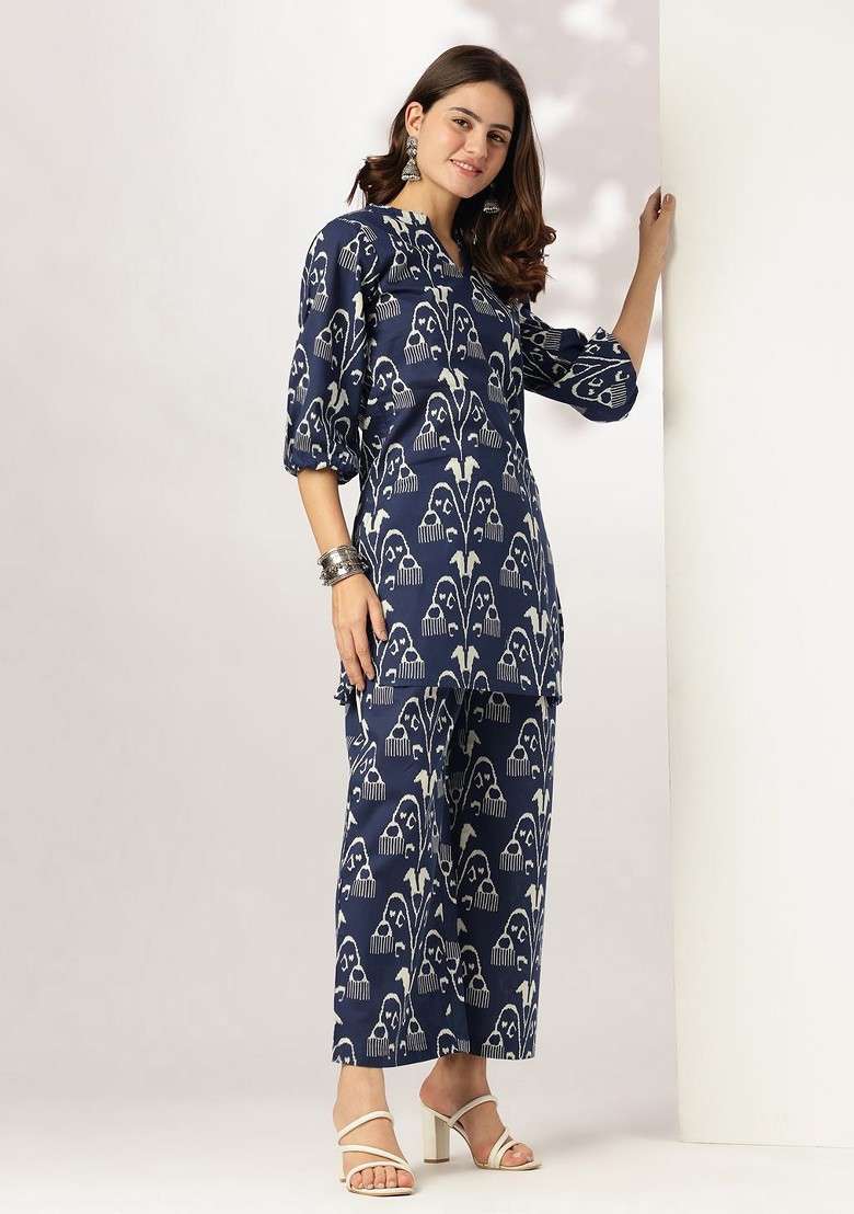 Navy Blue Printed Pure Cotton Mandarin Collar Neck Top With Trousers Coords - Indya