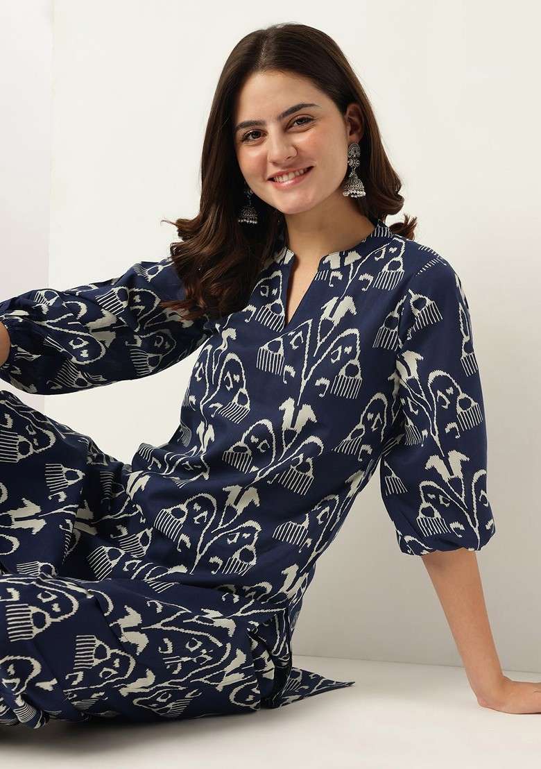 Navy Blue Printed Pure Cotton Mandarin Collar Neck Top With Trousers Coords - Indya