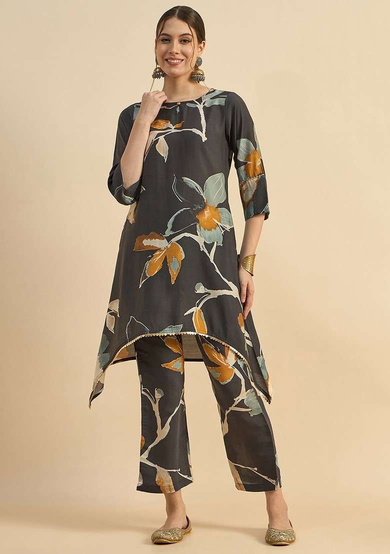 Grey Floral Printed Keyhole Neck Gotta Patti Tunic With Trousers - Indya