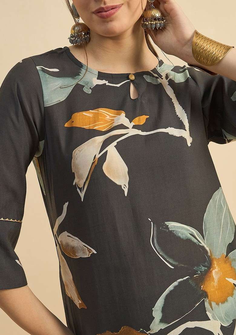 Grey Floral Printed Keyhole Neck Gotta Patti Tunic With Trousers - Indya
